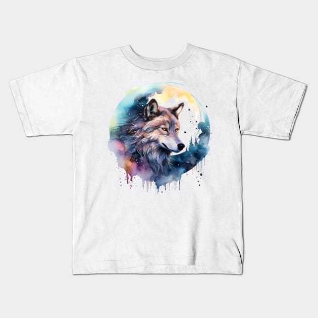 Watercolor wolf in forest Kids T-Shirt by Retroprints